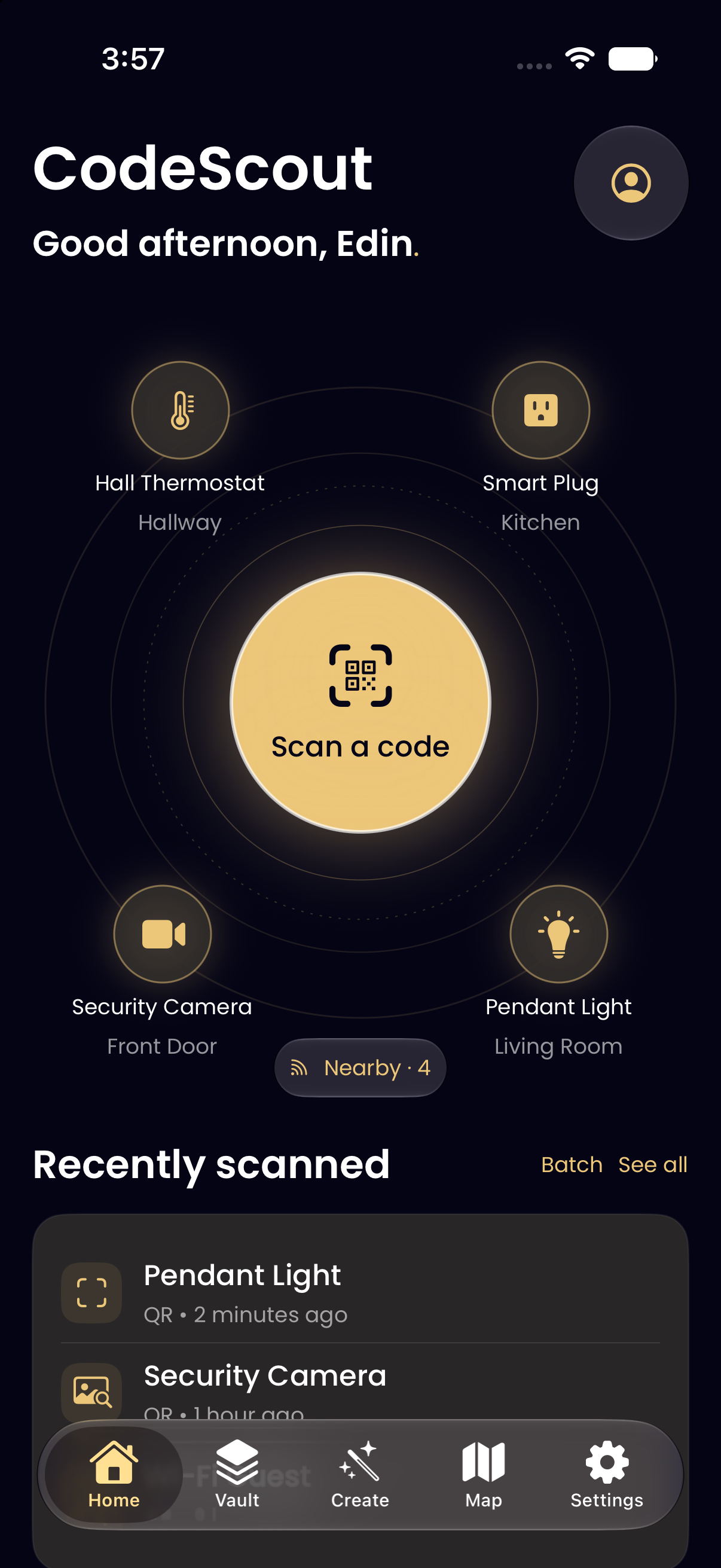 CodeScout home screen showing four nearby smart-home devices around a Scan a code button