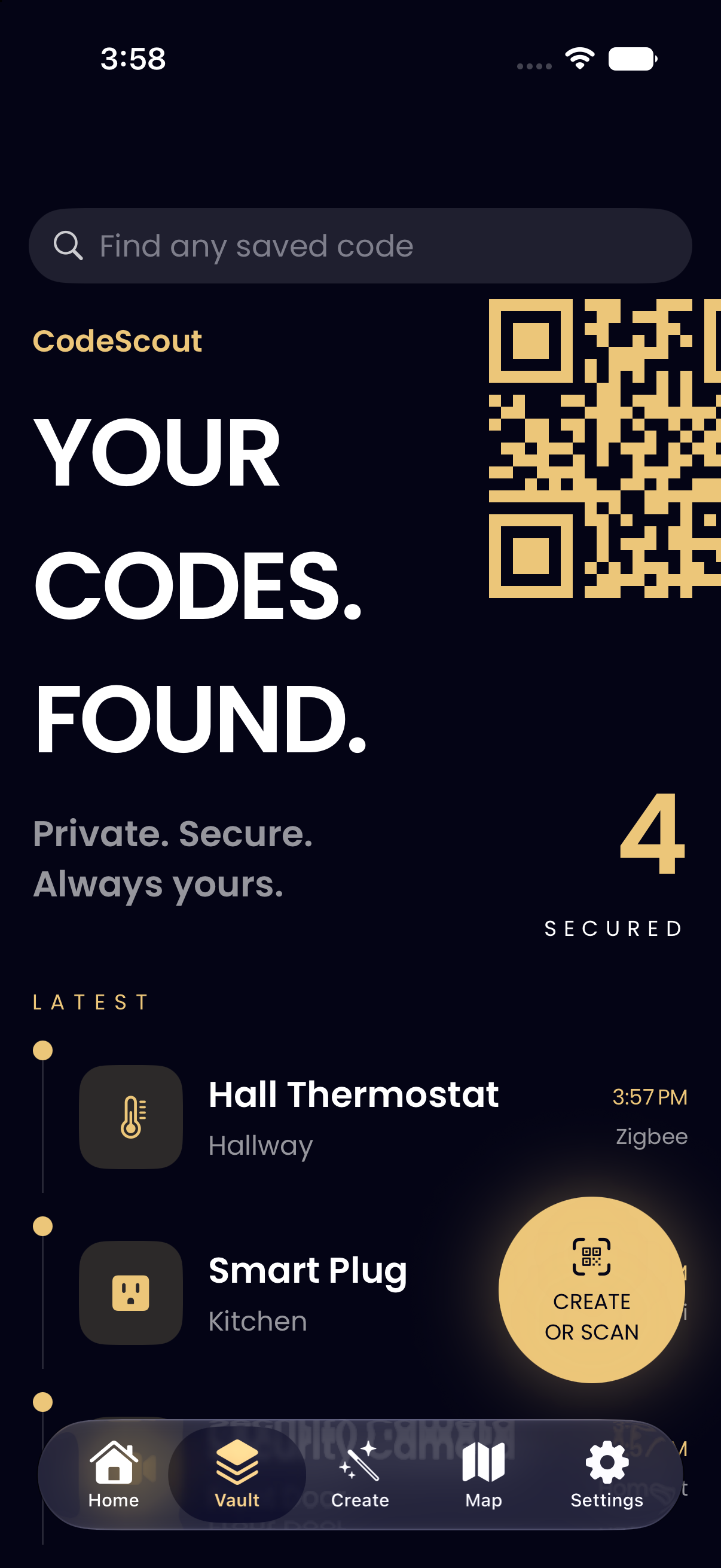 CodeScout vault screen with a search field, secured device count and a timeline of saved codes