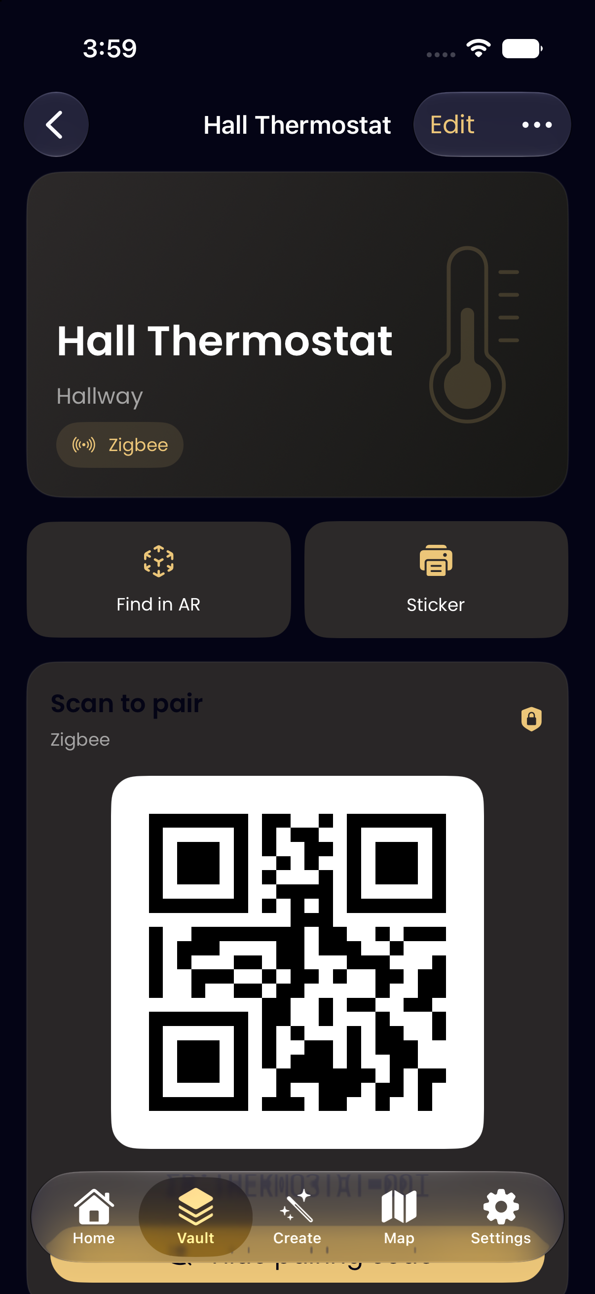 CodeScout device record for a hall thermostat with Zigbee tag, Find in AR, Sticker actions and a pairing QR code