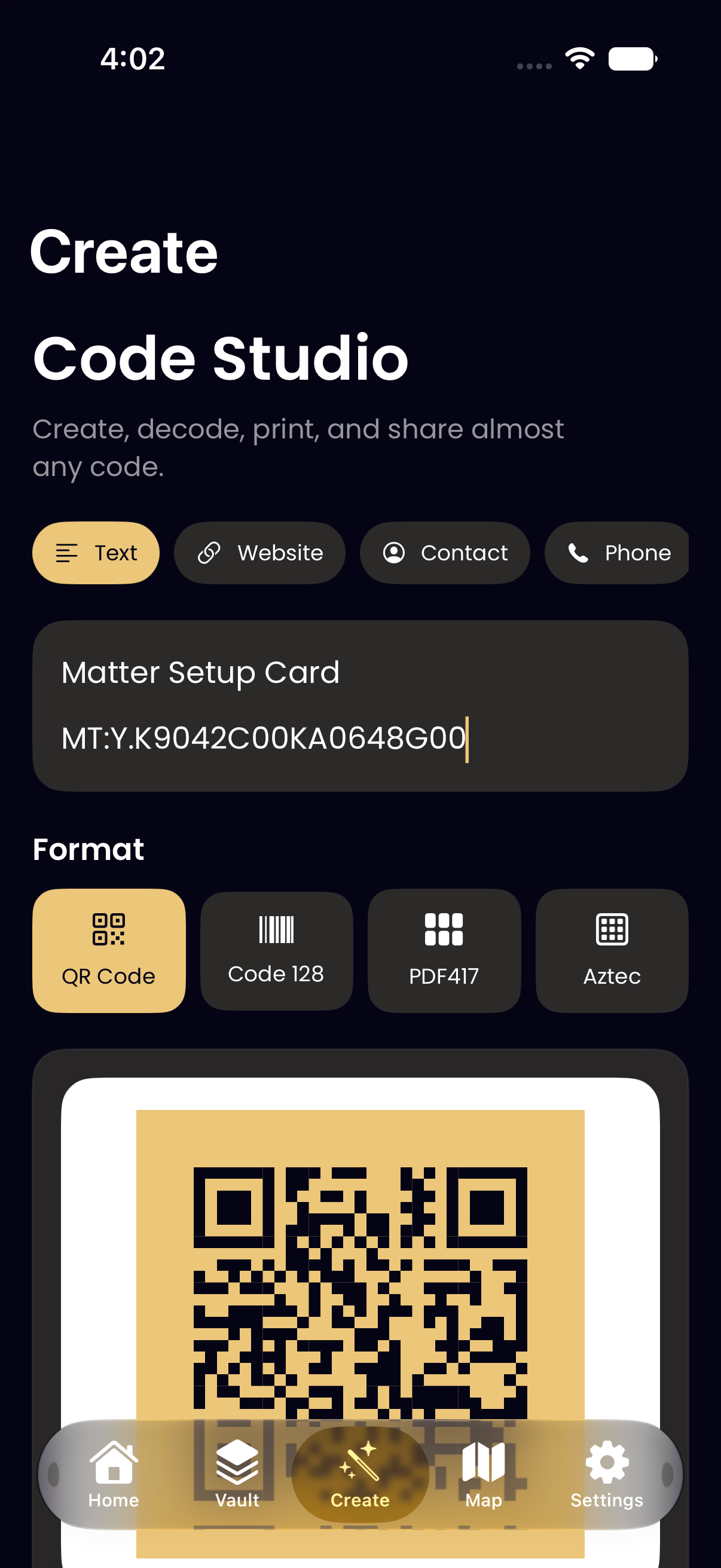 CodeScout Code Studio creating a gold QR code from a Matter setup payload