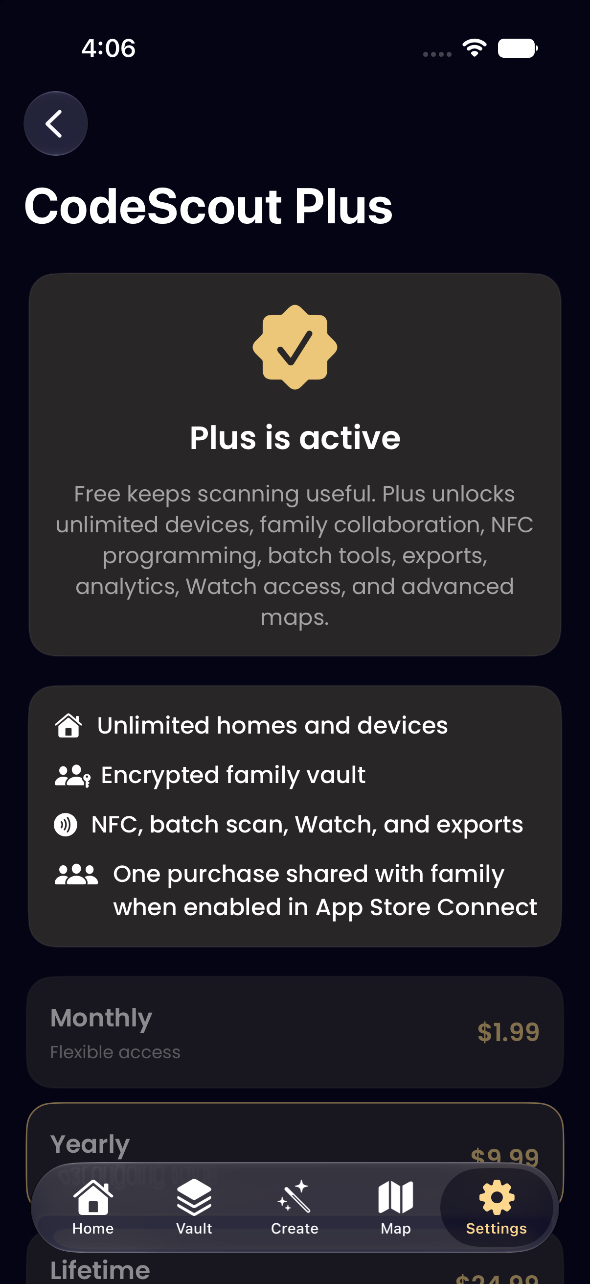 CodeScout Plus screen listing unlimited devices, encrypted family vault and plan prices