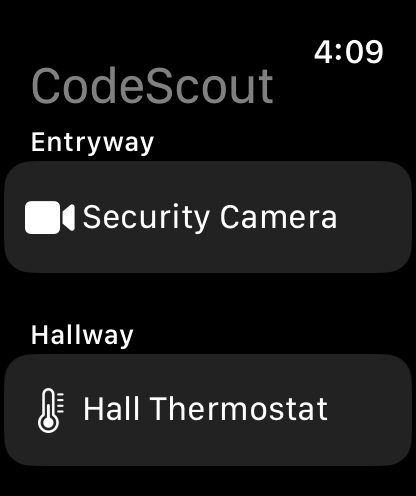 Apple Watch showing CodeScout devices grouped by room