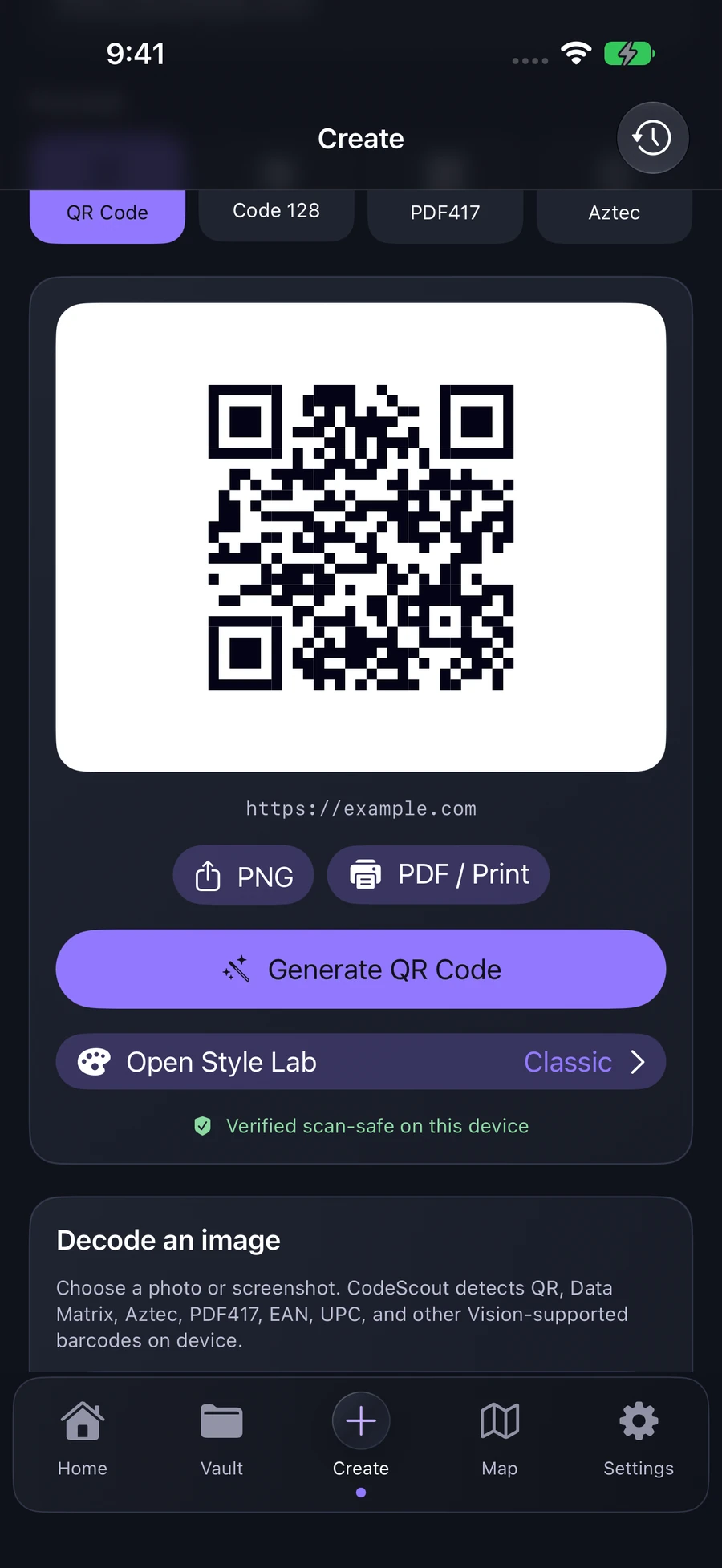 CodeScout Create screen with a verified website QR code
