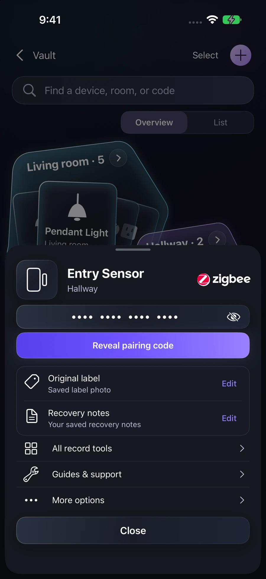 CodeScout Entry Sensor record with protected pairing code, original label, and recovery notes