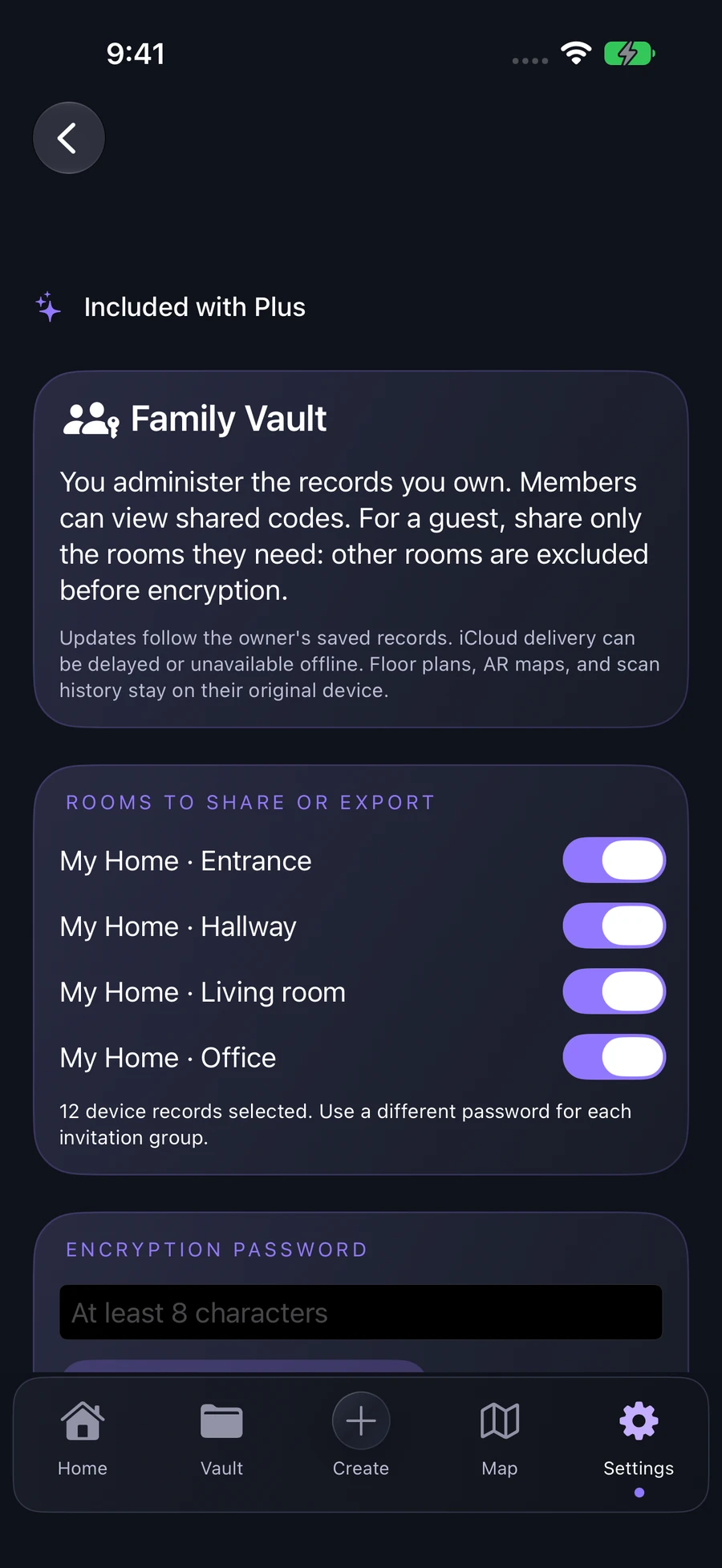 CodeScout Family Vault with selected rooms and encrypted sharing controls