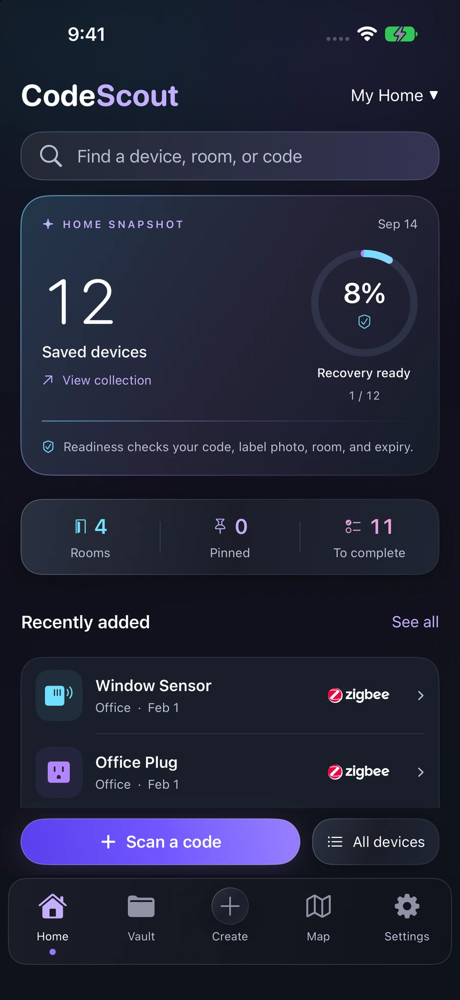 CodeScout Home dashboard with saved devices, recovery readiness, rooms, and recently added records