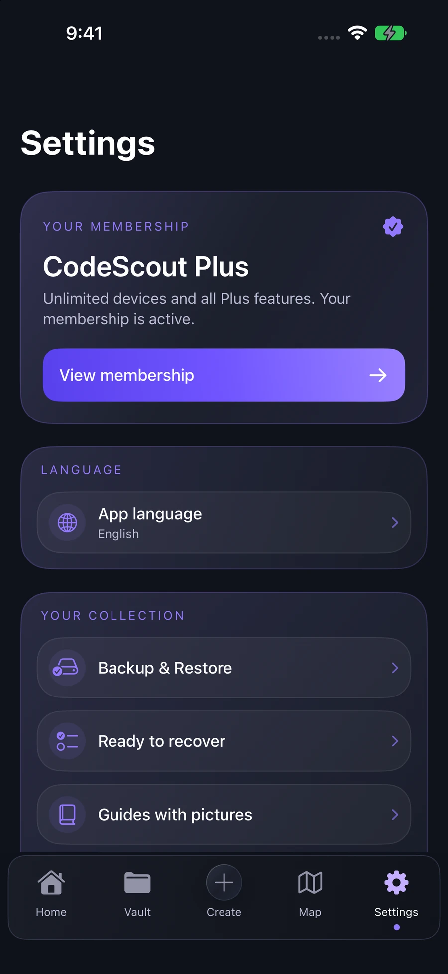 CodeScout Settings with active Plus membership and collection tools