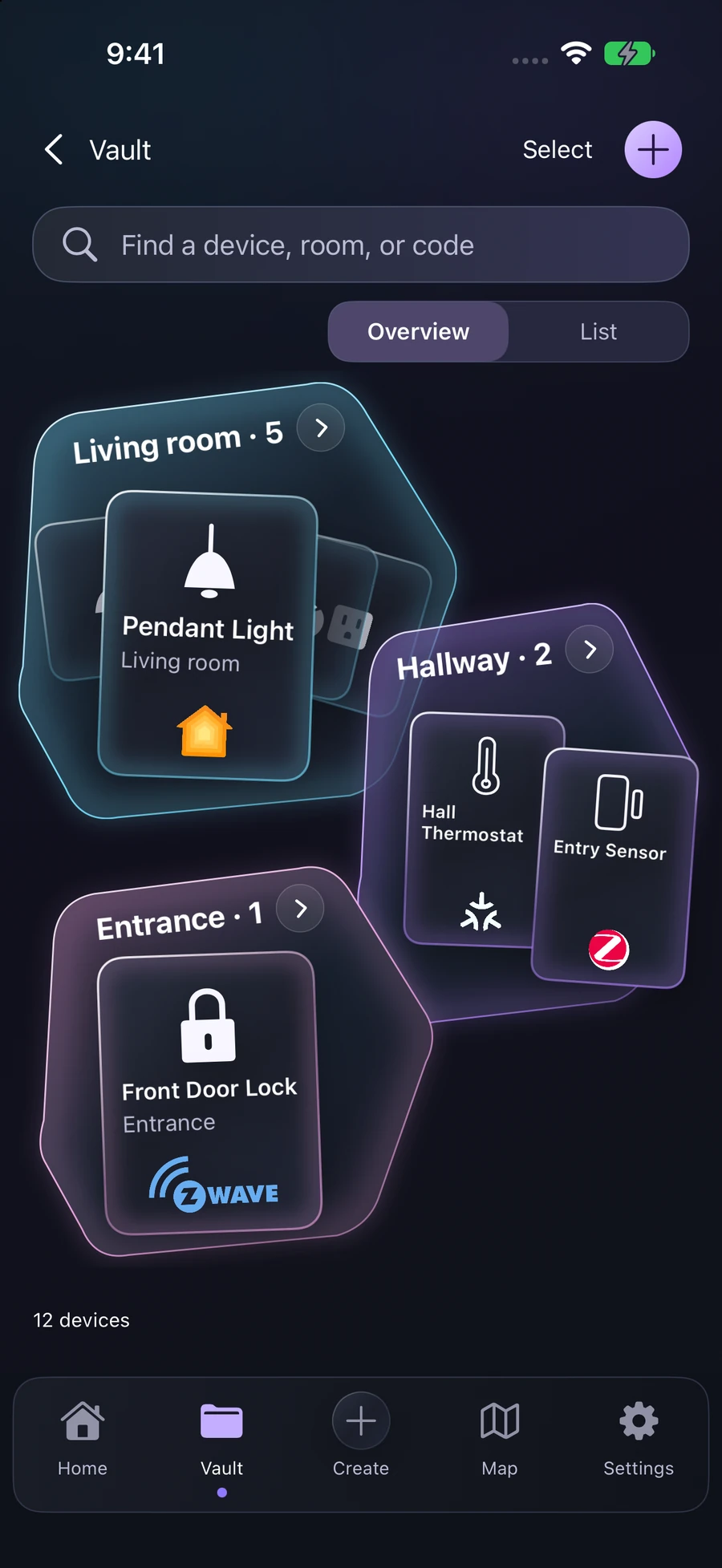 CodeScout Vault with glowing room collections and smart-home protocol icons